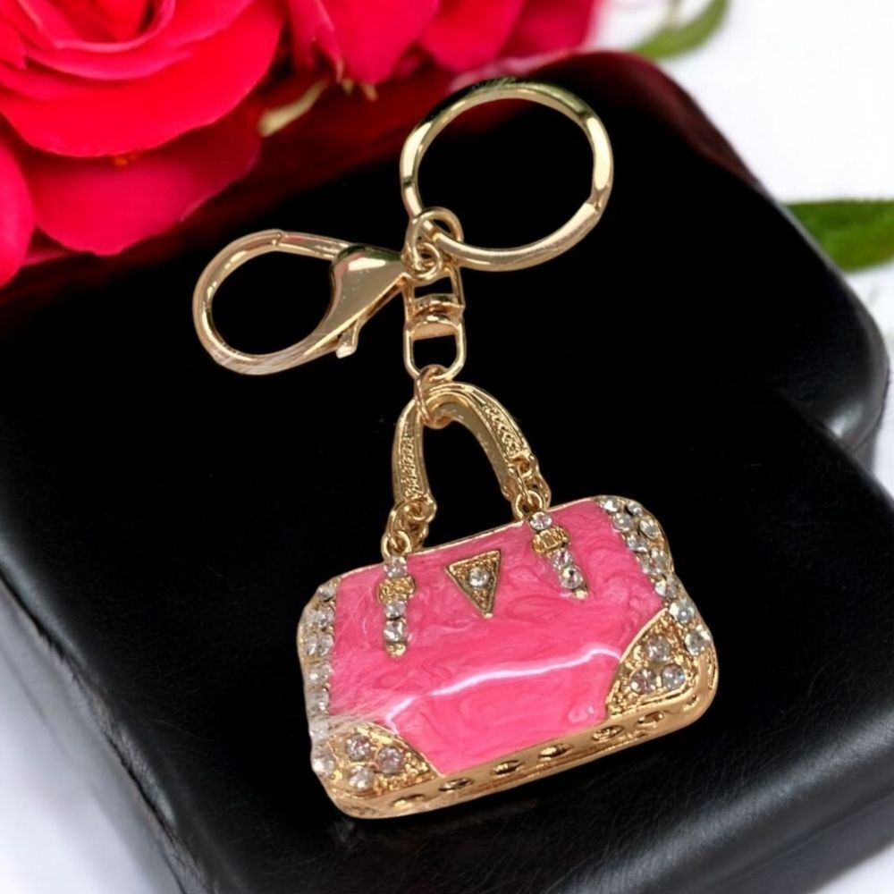 Pink Mini Handbag Bag Clip Purse Charm Rhinestone Pearlized Enamel Gold Keychain